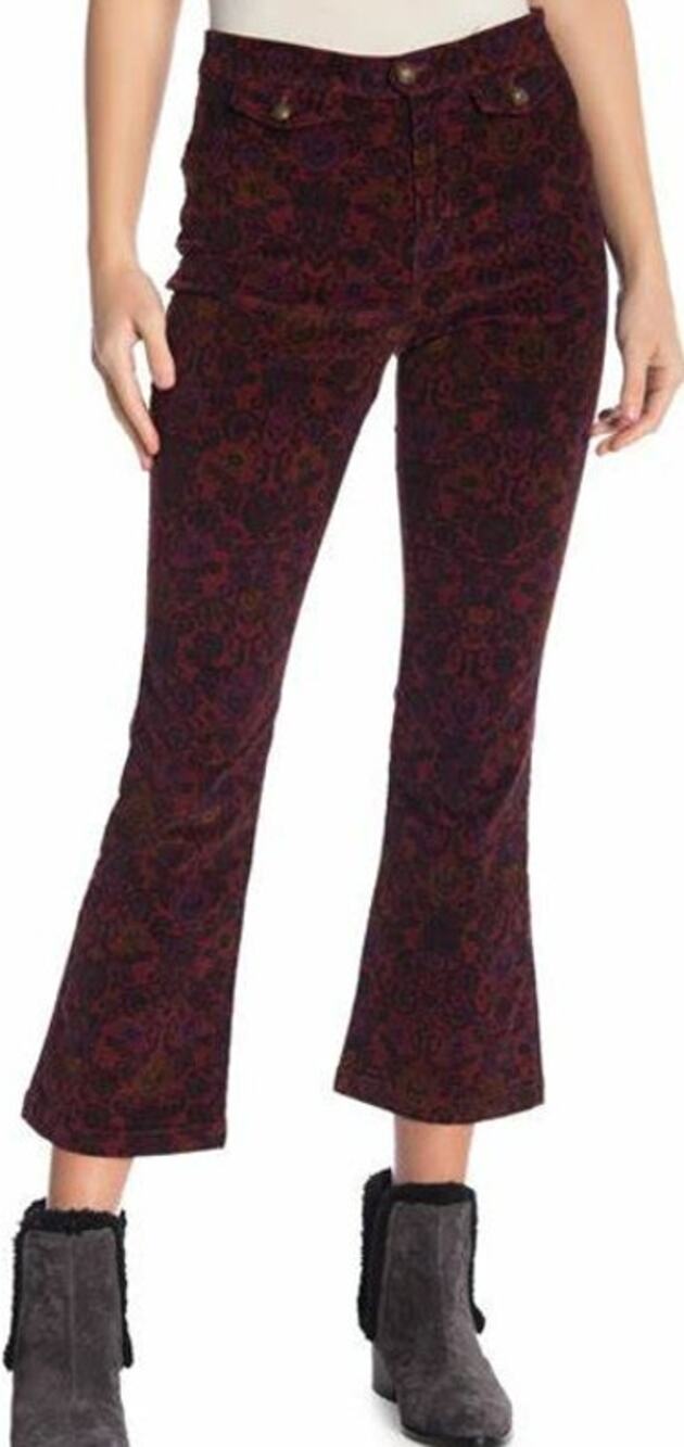 Free People Tailed Cropped Flared Pants Corduroy 26" Floral Print Maroon Black 0